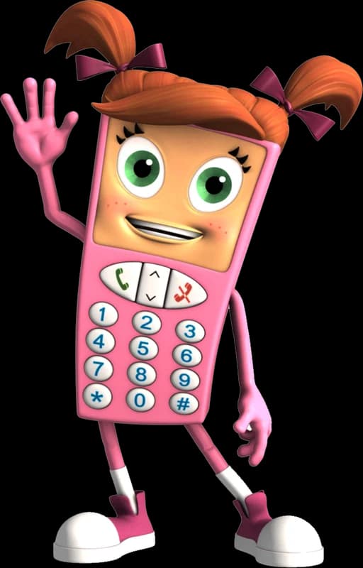 Cell Phone Sally, un teléfono celular rosado con coletas rojas, saludando