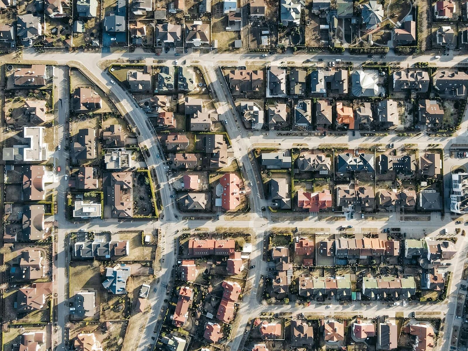 Streets and houses of a neighborhood seen from directly above