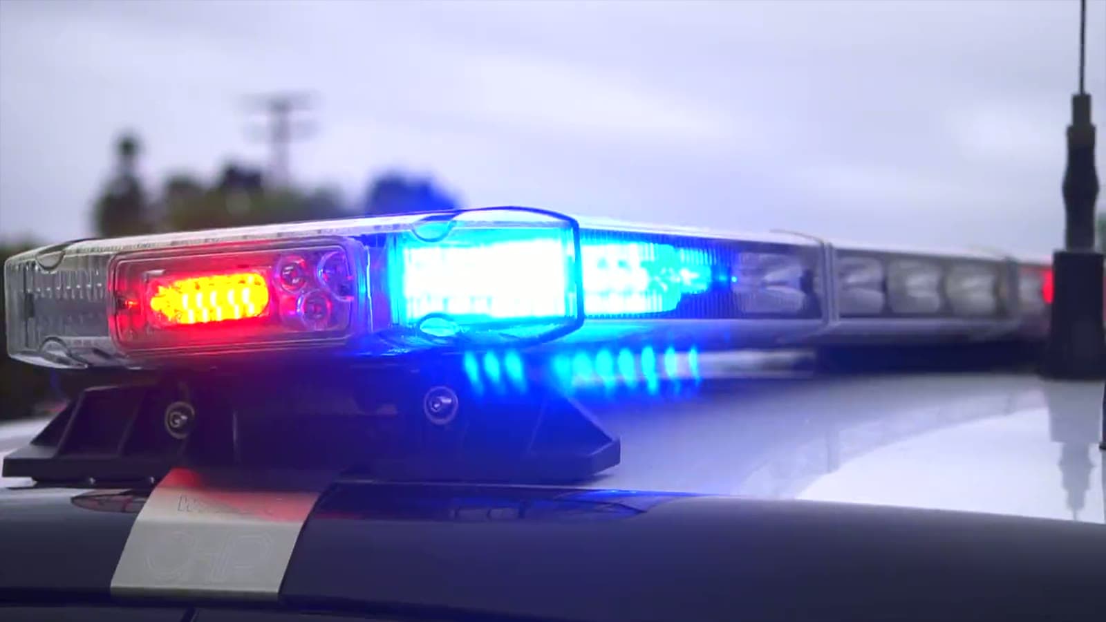 The red and blue light bar on top of a patrol car